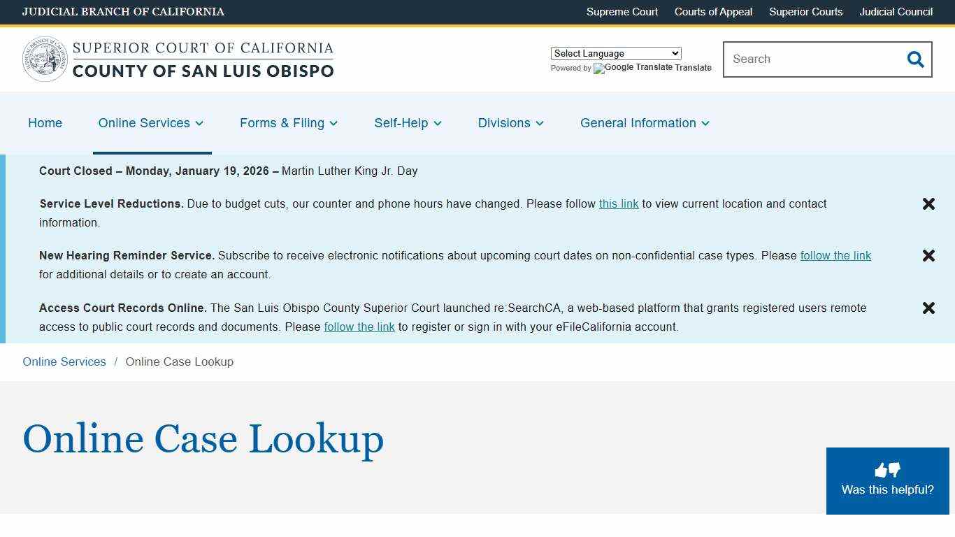Online Case Lookup | Superior Court of California | County of San Luis Obispo