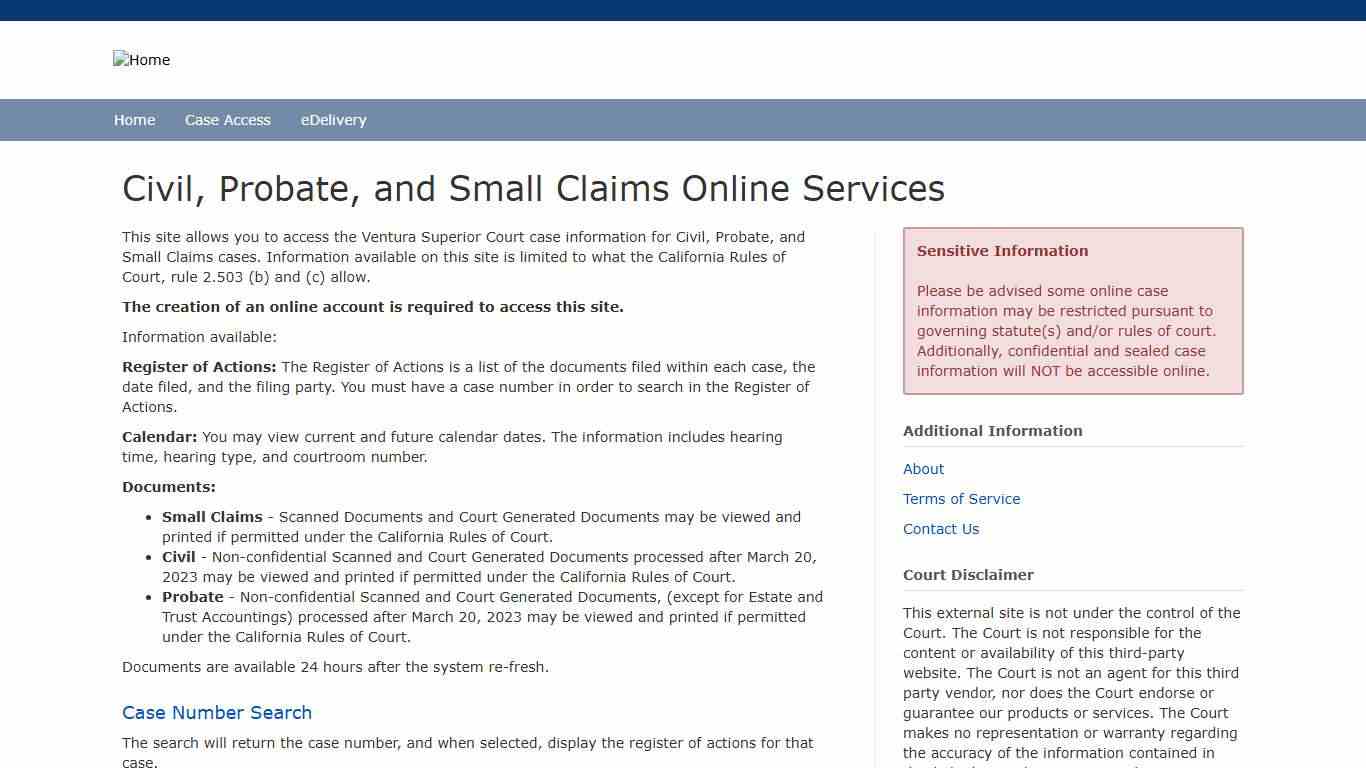 Civil, Probate, and Small Claims Online Services | Ventura Public Access